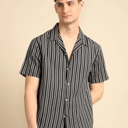 Voroxy Men Smart Cuban Collar Vertical Striped Cotton Casual Shirt-image-33