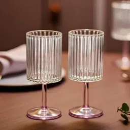 borotech Vintage Bloom Goblet - Set of 2, 280ml | Fluted Clear Bowl with Soft Pink Stems | Handcrafted Borosilicate Glass-picture-20
