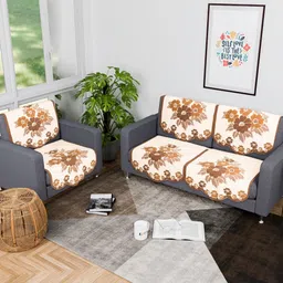 Myntra Elegant Homes Cream & Brown 6 Pieces Printed Cotton 3 Seater Sofa Covers-4