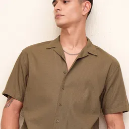 HIGHLANDER Men Cuban Collar Textured Solid Cotton Relaxed Fit Casual Shirt-image-17