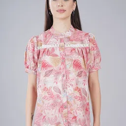 StyFun Women Floral Printed Band Collar Lace Inserts Detail Shirt Style Top-image-21