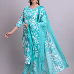 Angkor Women Green Cotton Floral Printed & Embroidery Work Kurta Trousers & Dupatta Set-image-87