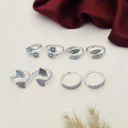 ABDESIGNS Set of 4 Silver-Plated Floral & Leaf Design Toe Rings-17