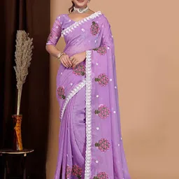 NANDKASHI Floral Embroidered Pure Georgette Saree-43