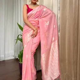 SHOPONBIT Women Pink Zari Woven Design Printed Poly Silk Designer Saree-picture-18