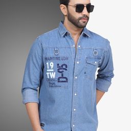 D Finish Typography Printed Spread Collar Smart Denim Casual Shirt-image-37