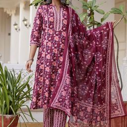 Kohsh Women Floral Printed Beads and Stones Pure Cotton Kurta with Trousers & With Dupatta-image-45