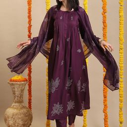 GoSriKi Floral Printed Round Neck A-Line Kurta With Trousers & Dupatta-picture-11