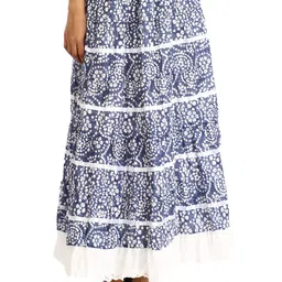 Exotic India Moonlight-Blue Long Elastic Skirt With Floral Print & Cut-Work On Border-image-43