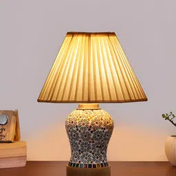 Devansh Off-White Textured Frustum Shaped Wooden Table Lamp & Mosaic Glass-4