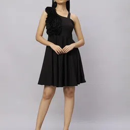 Elara Luxe Asymmetric Neck Fit & Flare Dress-image-72