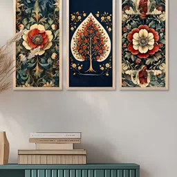 WALLLANE Navy Blue & Green 3 Pcs Floral and Botanical Traditional Printed Wooden Wall Art-image-94