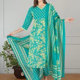 Anouk Women Floral Printed Cotton Kurta with Trousers & Dupatta-picture-31