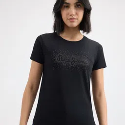 Pepe Jeans Women Typography V-Neck Pure Cotton Applique T-shirt-picture-7