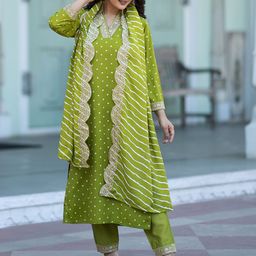 ASPORA Women Bandhani Printed Empire Thread Work Kurta with Trousers & With Dupatta-32