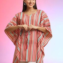 Tromko Women Stripes Print V-Neck Kimono Sleeves Kaftan Top-image-24