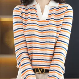 StyleCast Women Striped V-Neck Collared Long Sleeves Sweater-picture-7