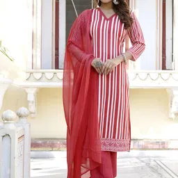 VIBE VISION Women Striped Self Design Straight Regular Kurta Trousers With Dupatta-picture-38