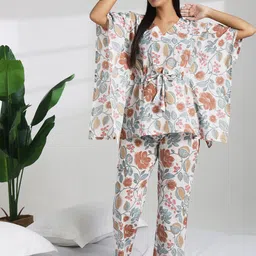 Bannos Swagger Floral Printed Kaftan With Pyjama Pure Cotton Night Suit-image-19