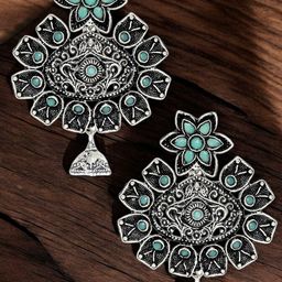 Sangria Artificial Stone Studded Oxidised Floral Drop Earrings-1