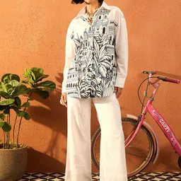 Pink Paprika by SASSAFRAS Skyline Printed Pure Cotton Shirt With Straight Trousers Co-Ords-picture-52