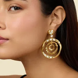 Isharya Gold-Plated Contemporary Artificial Stones Studded Drop Earrings-5