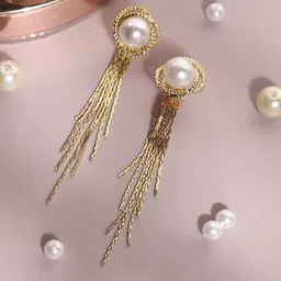 DressBerry Gold-Plated Artificial Stones Studded Contemporary Drop Earrings-13