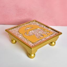 THE HOME CO. Yellow & Pink Glossy Wooden Rectangular Chowki-image-34