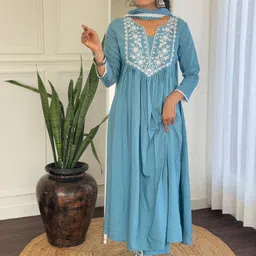 KALINI Floral Thread Work Notch Neck A-Line Kurta with Trousers & Dupatta-picture-38
