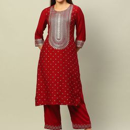 Rangriti Floral Woven Design Round Neck Three Quarter Sleeves Straight Kurta-image-7