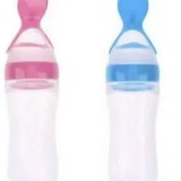 Baby Squeezy Food Grade Silicone Bottle Feeder with Soft Silicon|Spoon Feeder|Ceralac Feeder|Rice Paste Milk Food Feeder 90 ML (Squeezy Feeder - Blue & Pink) (Pack of 2) - Silicone (Blue & Pink)- SILICONE-24