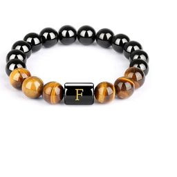 EDMIRIA Unisex Brown & Black Letter F Beaded Wood Elasticated Slip-On Bracelet-picture-4