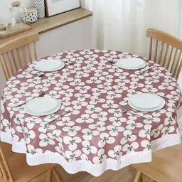 Dakshya Industries Brown Geometric Printed Waterproof Plastic Round 6-Seater Table Cover with Embroidered-39