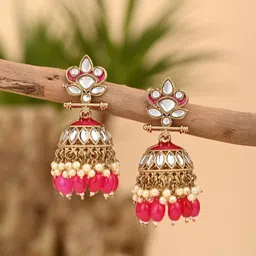 Anvik Gold-Plated Kundan Studded And Artificial Beaded Dome Shaped Meenakari Jhumkas-picture-20