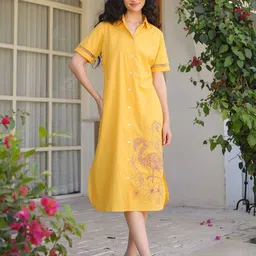 JISORA Women Yellow Embroidered Cotton Shirt Dress-picture-14