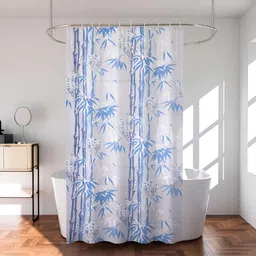 Aura 2 Pieces White & Blue Bamboo Printed Durable Waterproof Shower Curtain With 8 Rings-image-61