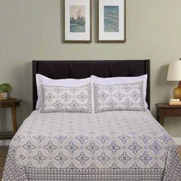 SHAHENAZ Grey & Beige Floral Cotton 120 TC Double Queen Bedsheet with 2 Pillow Covers-picture-12