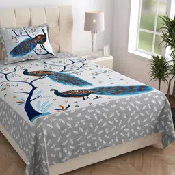 HOMELINE Jaipuri Grey Printed Pure Cotton 144 TC Single Bedsheet Set 1.82 x 1.21 m-35