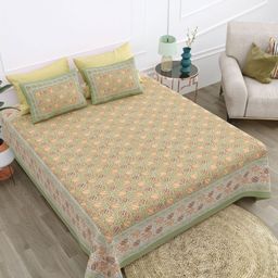 Texstylers Green & Multicoloured Floral 210 TC Queen Bedsheet with 2 Pillow Covers-9