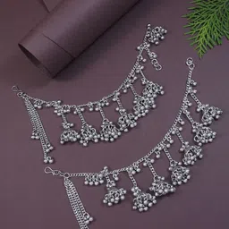I Jewels Silver-Plated Oxidised Ghungroo Jhumka Earchain-14