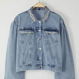 Trendyol Women Spread Collar Washed Solid Cotton Casual Denim Jacket-16