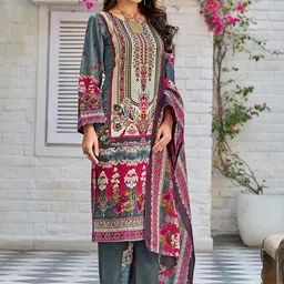 MOJILAA Women Floral Printed Regular Mirror Work Kurta with Trousers & With Dupatta image 3