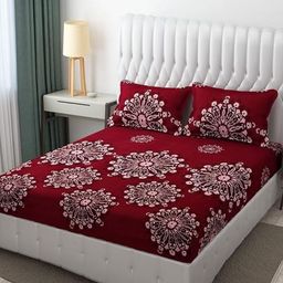 Aura Red & White Floral 144 TC King Bedsheet with 2 Pillow Covers-image-34