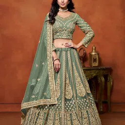 ODETTE Embroidered Thread Work Net Semi-Stitched Lehenga & Unstitched Blouse With Dupatta-image-12