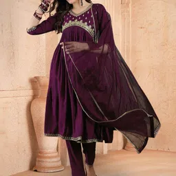 Sangria Floral Embroidered Pleated Sequinned Work A-Line Kurta With Trouser & Duputta-picture-9