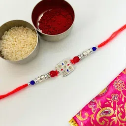 German Silver Stone Studded & Beaded Thread Rakhi Traditional Handmade Rakhi for Brother-image-56