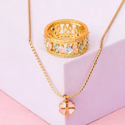SALTY Clover & Baguette Pendant, Chain & Stones Studded Ring Jewellery Set-17