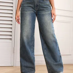 NUCOUTHS Women Wide Leg High-Rise Low Distress Light Fade Jeans-picture-8