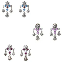 NAMAN ARTS Set Of 3 Silver-Plated Artificial Stones Studded Floral Meenakari Drop Earrings-29