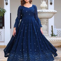 KALINI Floral Embroidered Sequinned Sweetheart Neck Georgette Kurta With Pyjamas & Dupatta-4